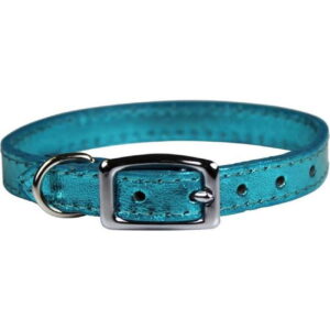 0.37 x 7-9 in. Pocket Pups Leather Collar, Metallic Turquoise