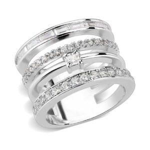 3W1607-9 Rhodium Brass Ring with AAA Grade CZ, Clear - Size 9