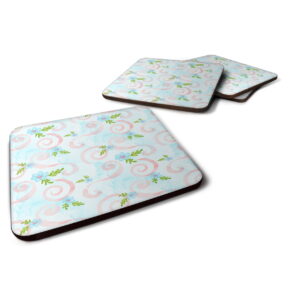 BB7482FC Watercolor Blue Flowers & Swirls Foam Coaster, Set of 4
