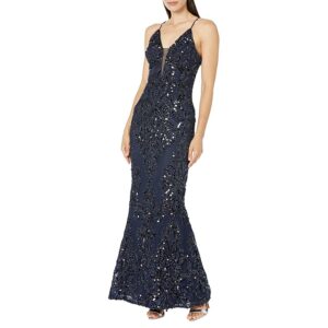 Betsy & Adam Long Sequins Placement Illusion (Navy) Women's Dress