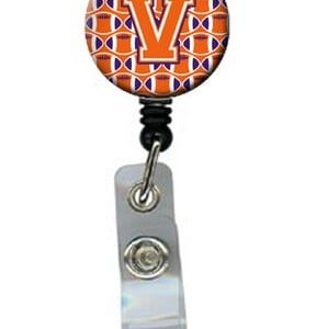 CJ1072-VBR Letter V Football Orange, White & Regalia Retractable Badge Reel