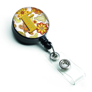 CJ2003-FBR Letter F Floral Mustard & Green Retractable Badge Reel