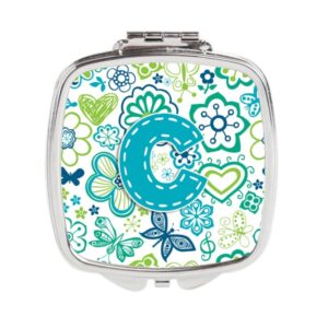 CJ2006-CSCM Letter C Flowers & Butterflies Teal Blue Compact Mirror