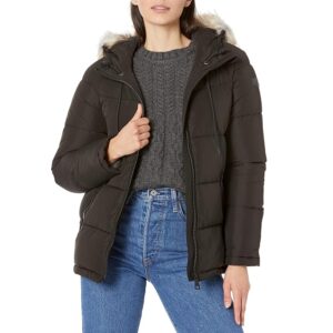 Calvin Klein Short Faux Fur Trimmed Puffer (Black) Women's Clothing