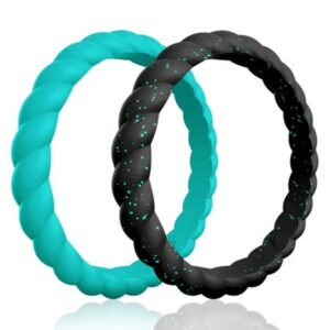 I0119453 2 x 8 mm Silicone Wedding Stackble Braided Ring Set for Women, Turquoise