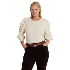 Lauren Ralph Lauren Plus-Size Jersey Poplin Puff-Sleeve Top (Mascarpone Cream) Women's Clothing