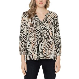 Liverpool Los Angeles 3/4 Sleeve Peasant Top with Pin Tucks (All Over Patchwork Animal Print) Women's Clothing