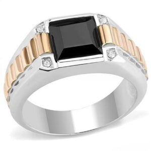 Men Two-Tone IP Rose Gold Stainless Steel Ring with Synthetic in Jet - Size 12