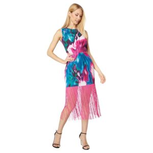 ONE33 Social Pleated Front Fringe Dress (Fuchsia Multi) Women's Clothing