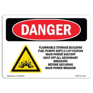 OS-DS-A-710-L-2533 7 x 10 in. OSHA Danger Sign - Flammable Storage Building Fuel