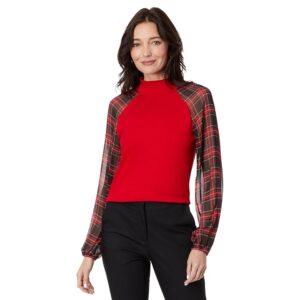 Tommy Hilfiger Long Sleeve Mixed Media Top (Scarlet) Women's Clothing