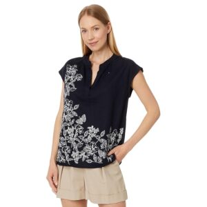 Tommy Hilfiger Short Sleeve Butterfly Popover (Sky Captain) Women's Clothing