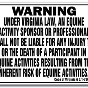 WS-D-1014-Virginia 10 x 14 in. Virginia - Activity Liability Warning Statute Horse Farm Barn Stable Equine Plastic Sign