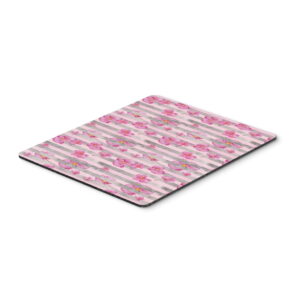 Watercolor Pink Flowers Grey Stripes Mouse Pad - Pink - 9.5 x 0.25 x 8 in
