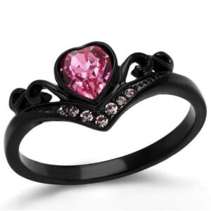 Women IP Black Stainless Steel Ring with Top Grade Crystal in Rose - Size 10