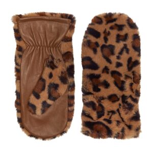 Badgley Mischka Leather Mitten with Faux Fur Trim (Leopard) Dress Gloves
