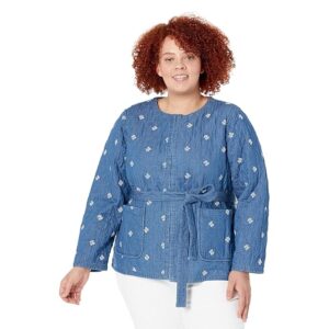 Draper James Plus Size Reversible Belted Jacket in Embroidered Chambray (Medium Wash) Women's Clothing
