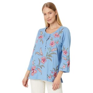 Johnny Was Libbi 3/4 Sleeve Button Front Tee (Blue) Women's Clothing