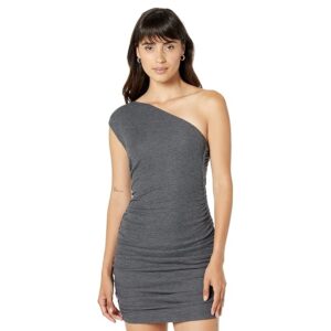 MONROW Sheer One Shoulder Shirred Dress (Faded Black) Women's Clothing