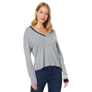 MONROW Wool Cashmere V-Neck Sweater w/ Cutout (Dark Heather) Women's Clothing
