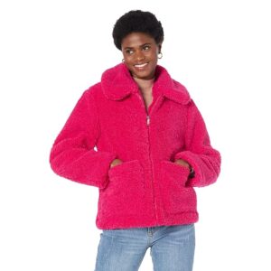 Sam Edelman Short Front Zip Teddy Coat with Patch Pockets (Pink) Women's Clothing