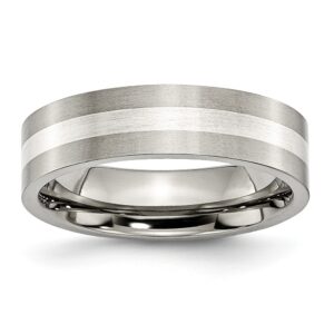 6 mm Titanium Sterling Silver Inlay Flat Brushed Band, Size 9