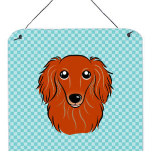 BB1152DS66 Checkerboard Blue Longhair Red Dachshund Aluminum Metal Wall Or Door Hanging Prints- 6 x 6 In.