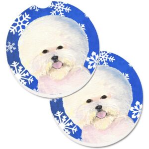 Bichon Frise Winter Snowflakes Holiday Set of 2 Cup Holder Car Coaster