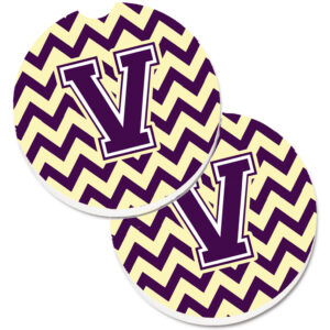 Letter V Chevron Purple & Gold Set of 2 Cup Holder Car Coaster