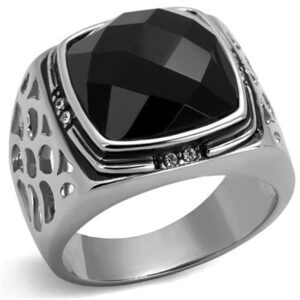 TK2514-13 Men High Polished Stainless Steel Ring with Synthetic in Jet - Size 13