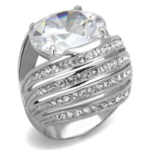 TK3263-9 Women High Polished Stainless Steel Ring with AAA Grade CZ in Clear - Size 9