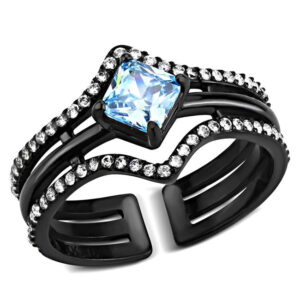 TK3562-5 Women IP Black Stainless Steel Ring with AAA Grade CZ in Sea Blue - Size 5