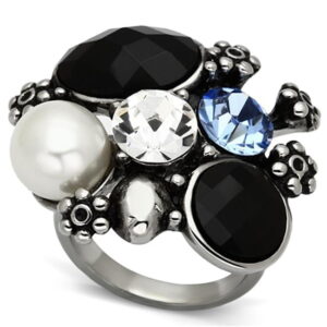 TK941-9 Women High Polished Stainless Steel Ring with Synthetic in Jet - Size 9