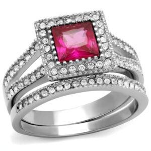 Women High Polished Stainless Steel Ring with AAA Grade CZ in Ruby - Size 10
