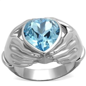 Women High Polished Stainless Steel Ring with Top Grade Crystal in Sea Blue - Size 5